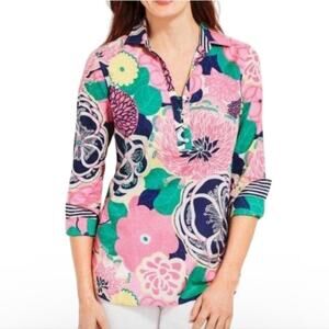 Talbots Women’s Size LP Long Sleeve V-Neck Floral Clip Dot Popover Blouse